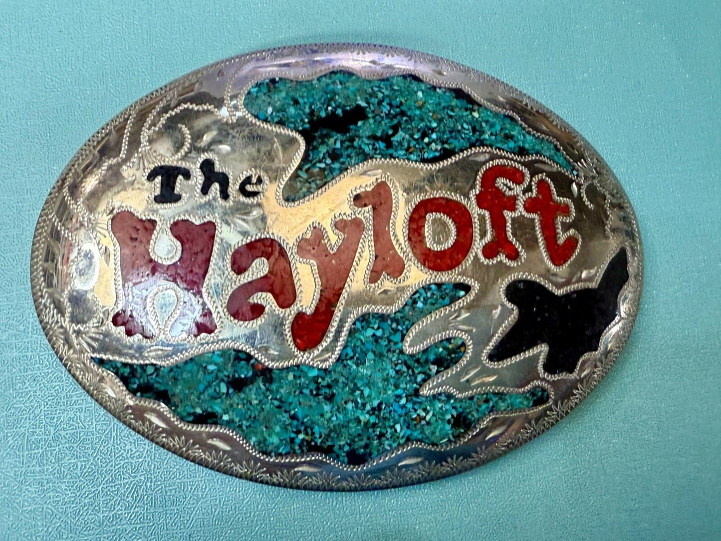 The Hayloft Large Turquoise Inlaid Champion's Choice Silver Belt Buckle CCS&S