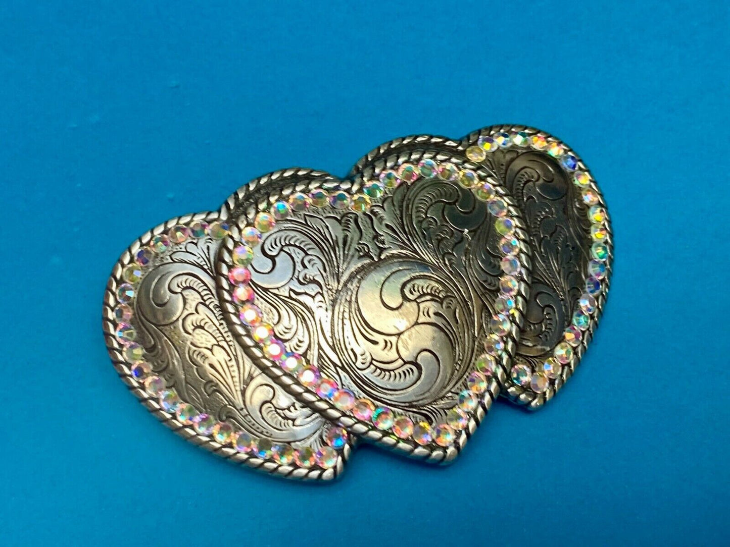 Three Hearts - Ornate Shaped Cowboy Cowgirl Rhinestone Accented Belt Buckle