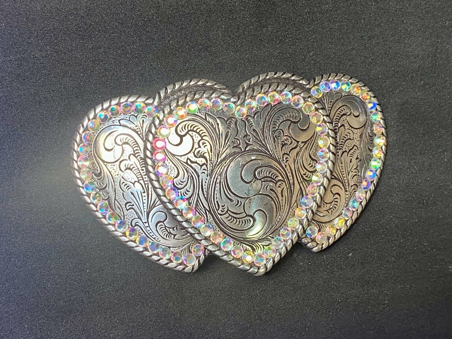 Three Hearts - Ornate Shaped Cowboy Cowgirl Rhinestone Accented Belt Buckle