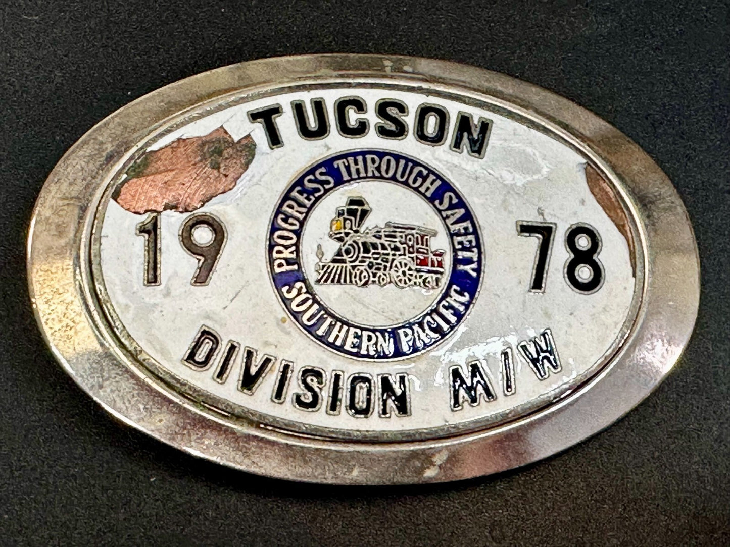 1978 Southern Pacific Tucson Division Railroad Safety Silver Tone Belt Buckle