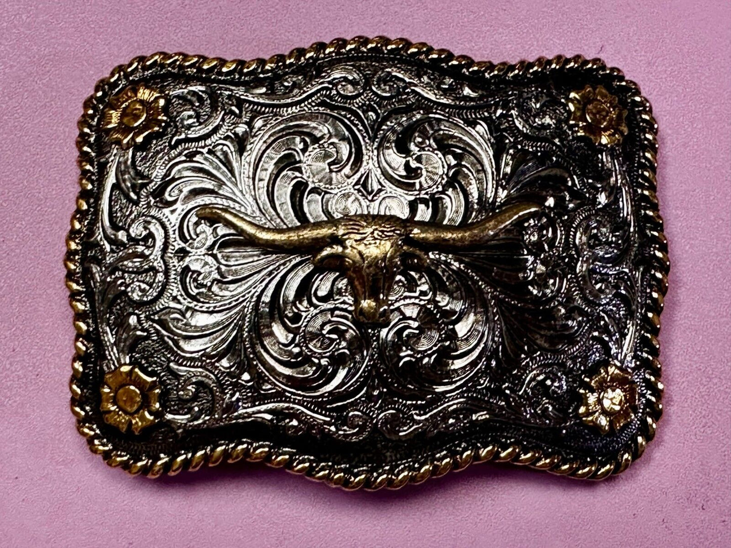 Texas Longhorn Centerpiece Two Tone Ornate Floral Themed Belt Buckle