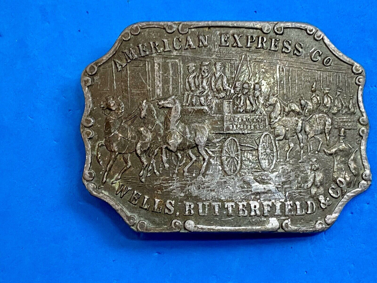 vintage american express wells butterfield belt buckle horses buggy - signed