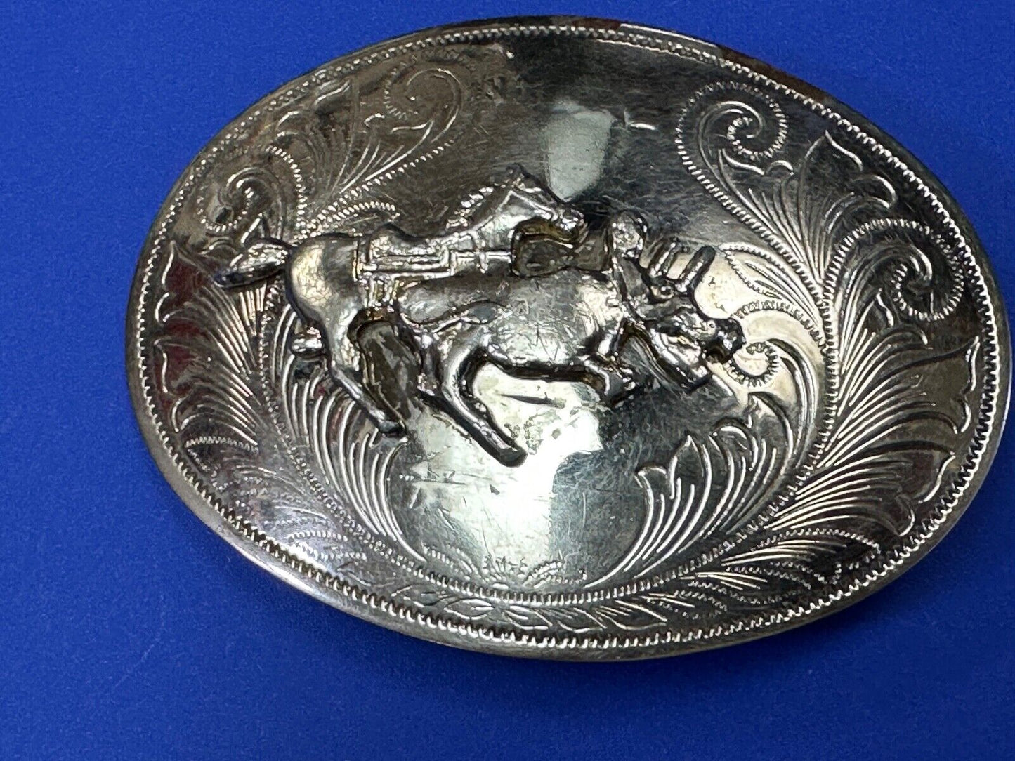 Vintage Cowboy Saddle Bronc western silver tone belt buckle