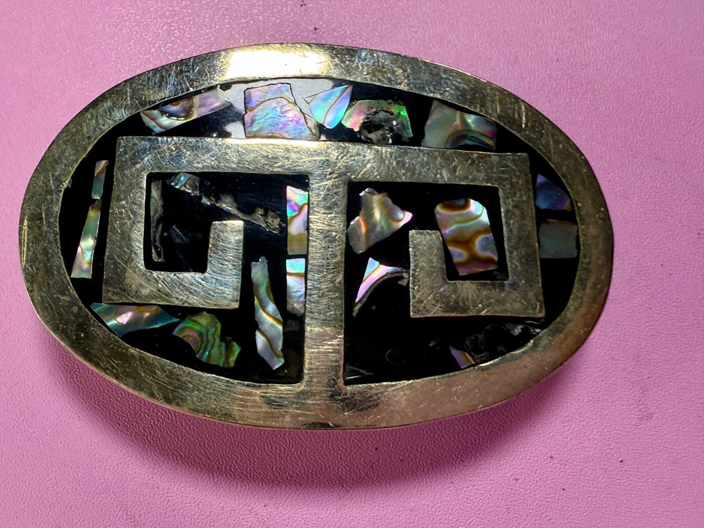 Vintage Alpaca Mexico Silver Tone Abalone Shell Pattern Oval Belt Buckle