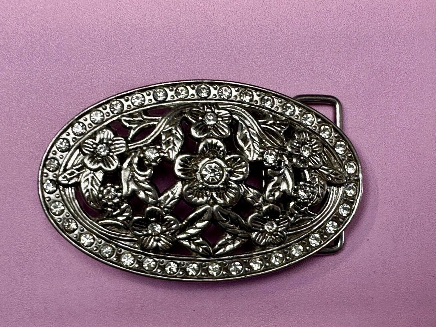 Swirl Flower Ornate Openwork Rhinestone Border Accent Silver Tone Belt Buckle