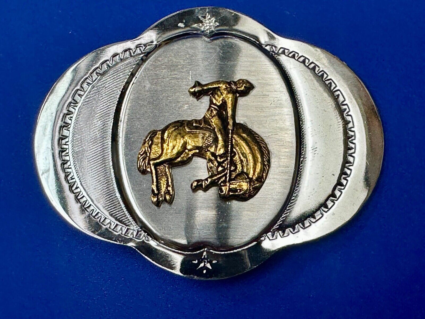 Vintage Cowboy Saddle Bronc western two tone unique shaped belt buckle