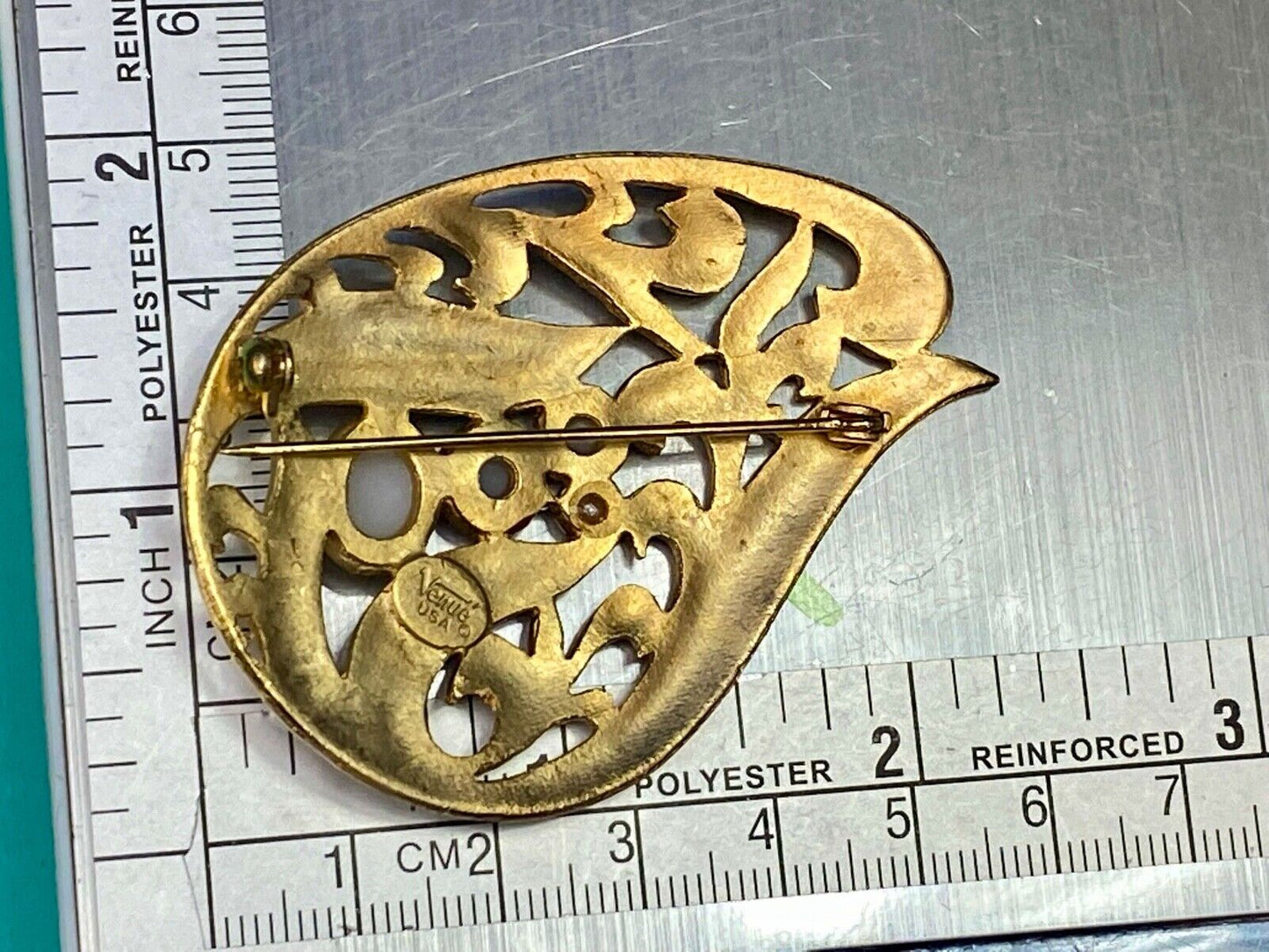 Art Nouveau Leaf Pearls Gold Tone Brooch Pin Costume Jewelry Signed Venue