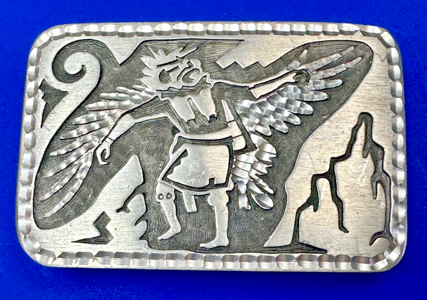 Unique Carving Ancient Mayan God Man Wings etched pewter vintage belt buckle