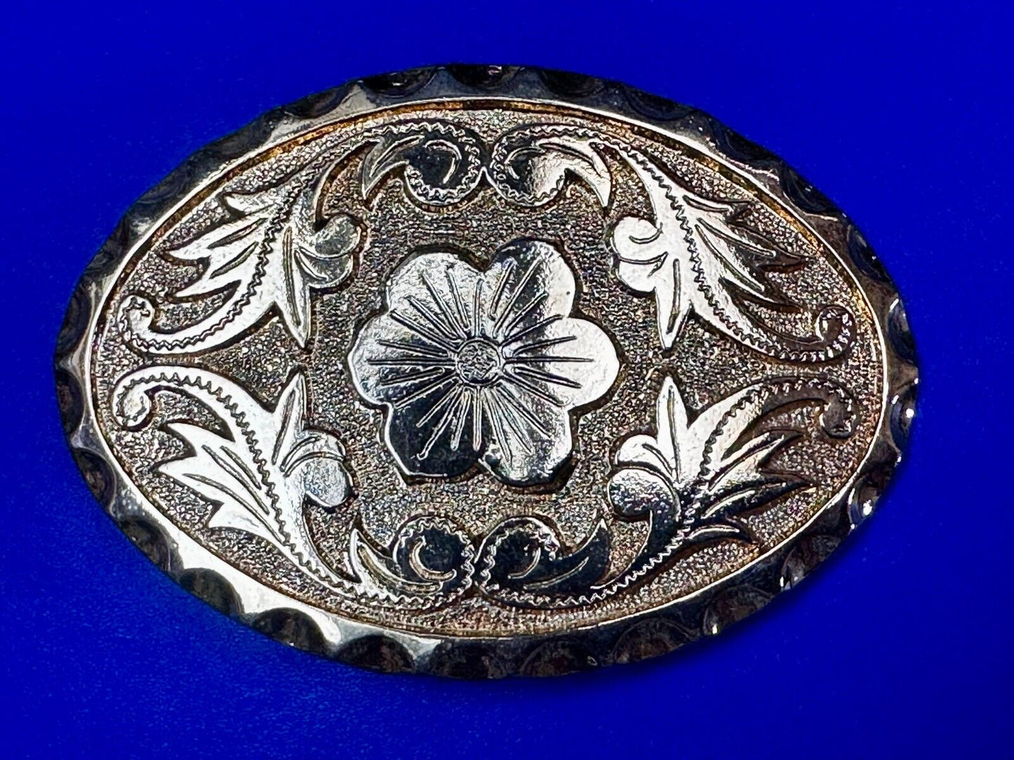 Vintage Etched Flower Floral Theme Western Oval Gold Tone Belt Buckle