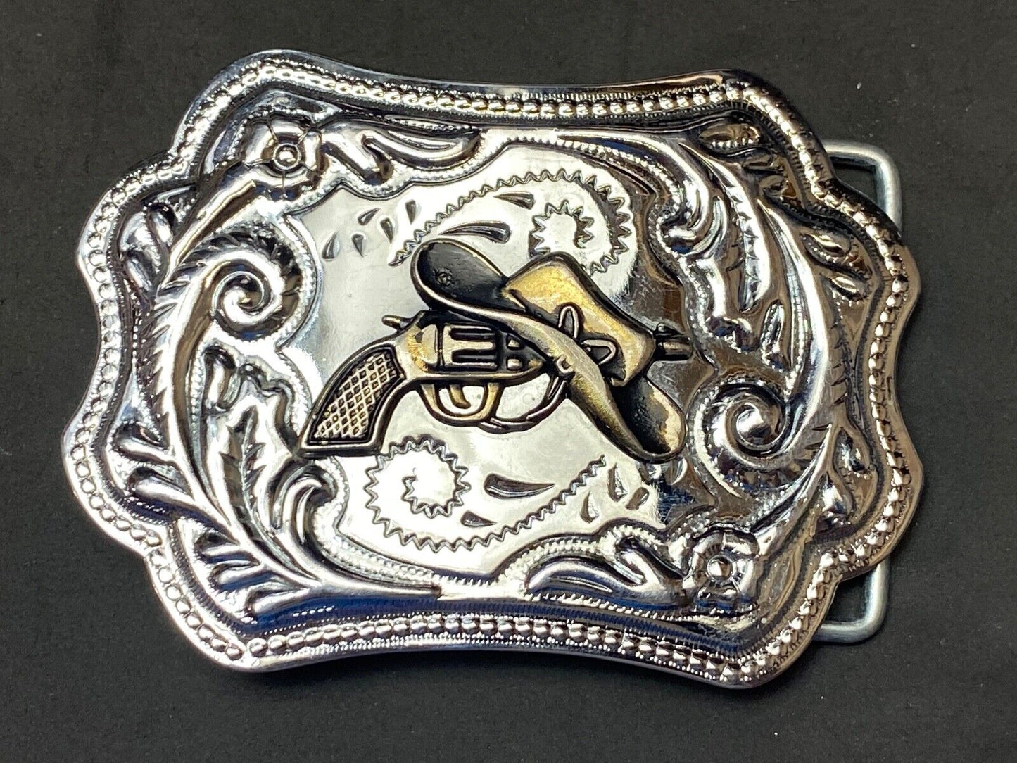 Vintage Cowboy Hat & Revolver Pistol Western Belt Buckle Cap Gun Buckle