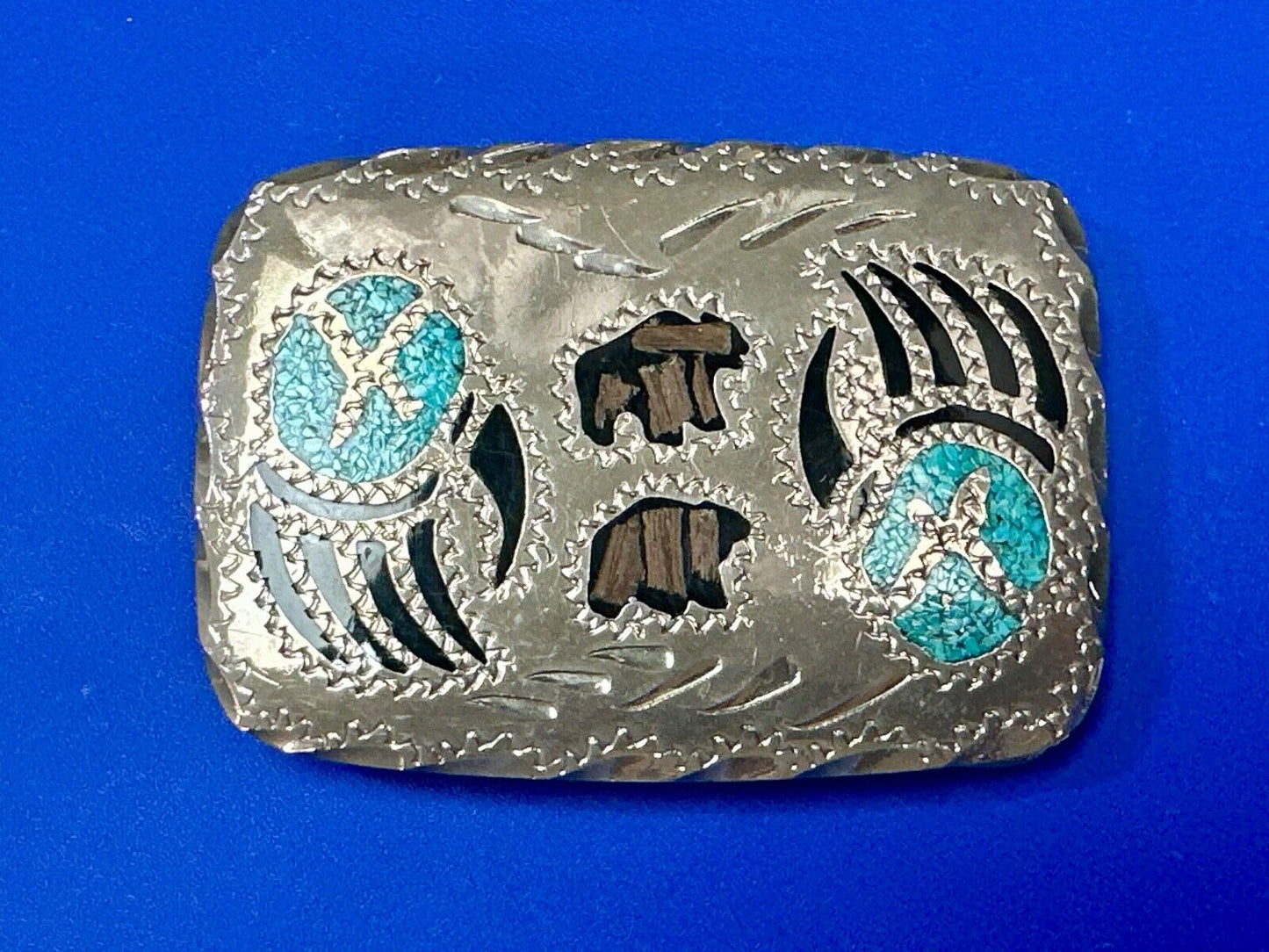 Bear - Paw Figure vintage inlaid turquoise chip & black Enamel belt buckle