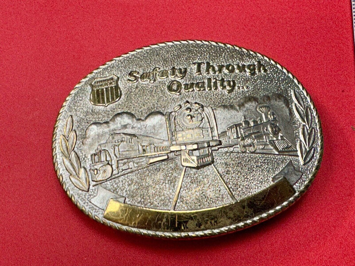 Union Pacific Rail Road SAFETY THROUGH QUALITY Train Engine STOTTS belt buckle