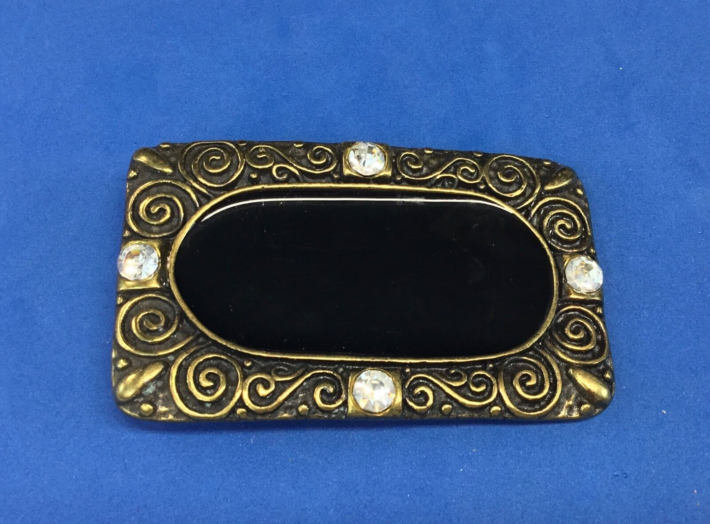 3.5". Designer / western / dress / Black and brass tone rhinestone belt buckle