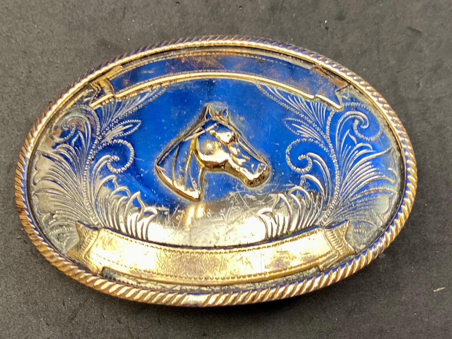 Beautiful Belt Buckle - Horse head bust made of German Silver with award scroll