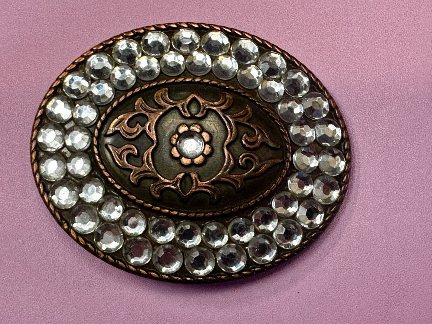 Vintage brown oval floral theme Belt Buckle with Rhinestone surround