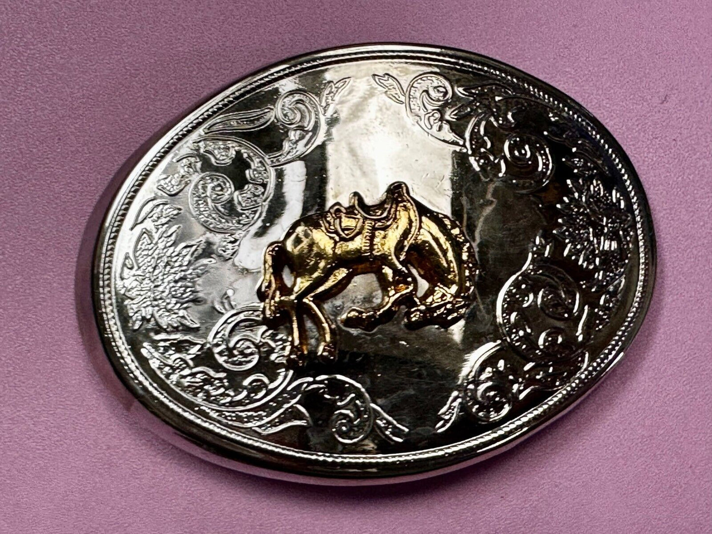 Vintage Cowboy Saddle Bronc Bucking Horse Two Tone Oval Engraved Belt Buckle