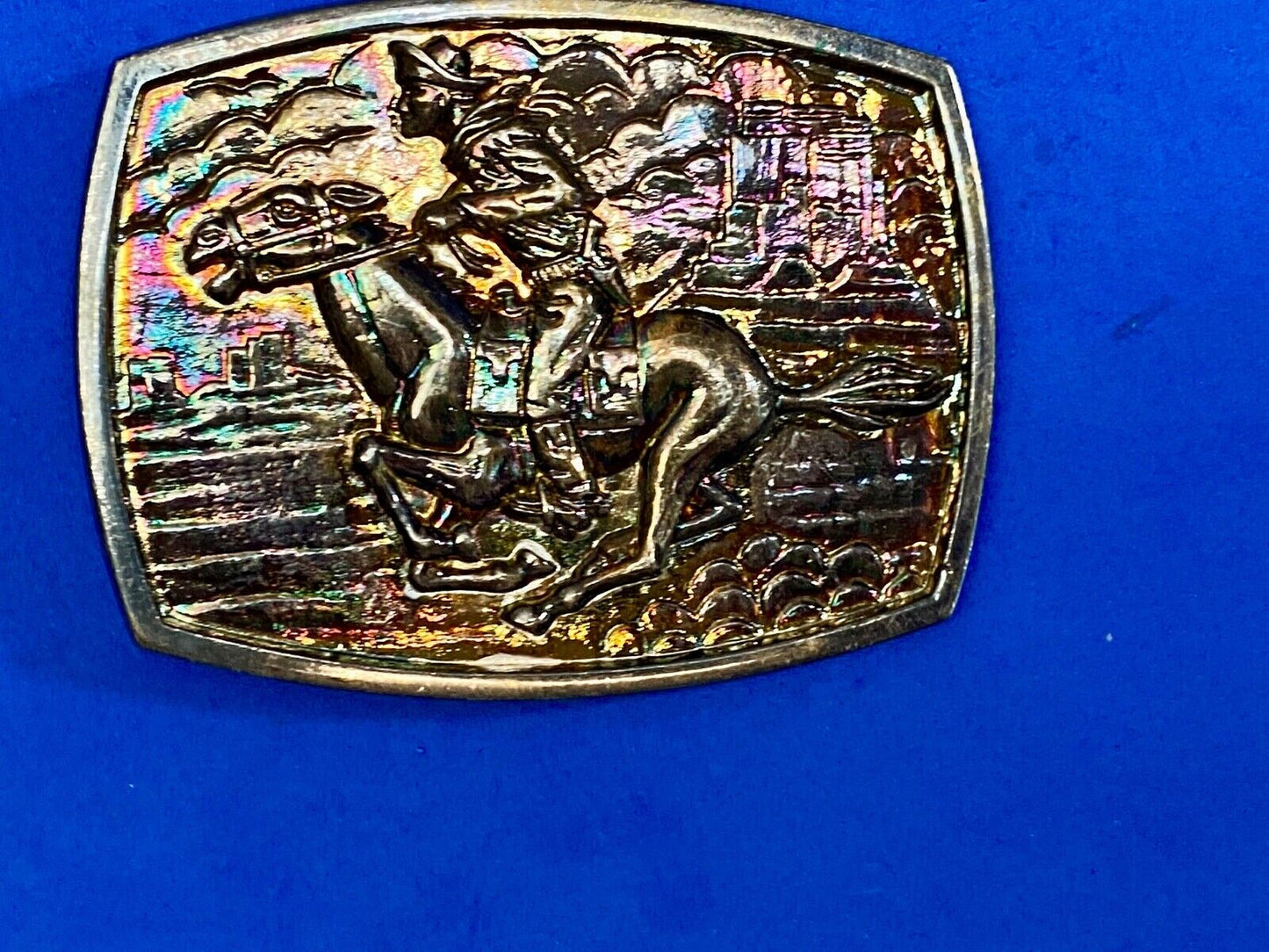 Vintage Horse Back Rider Racing Through Town Western Belt Buckle