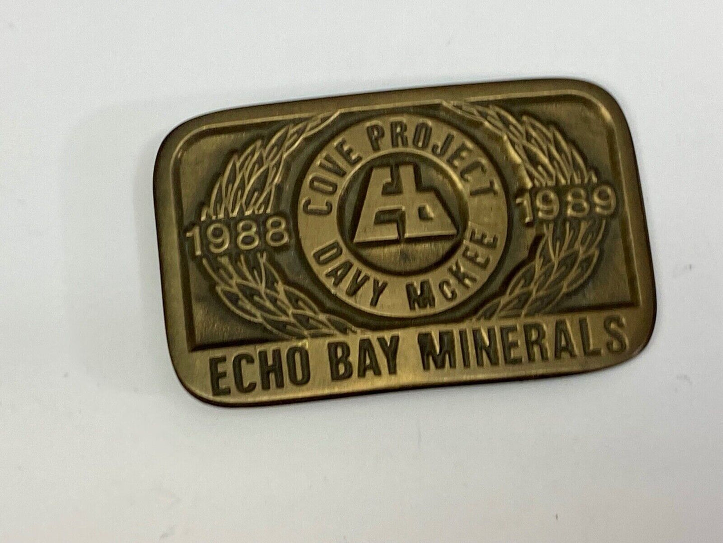 Vintage 1989 **ECHO BAY MINERALS** COVE PROJECT MINING SOLID BRASS BUCKLE