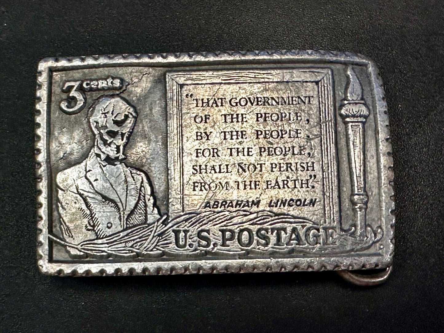 3 Cent Honest Abe Lincoln Stamp Collectors USA Patriotic Pewter Belt Buckle