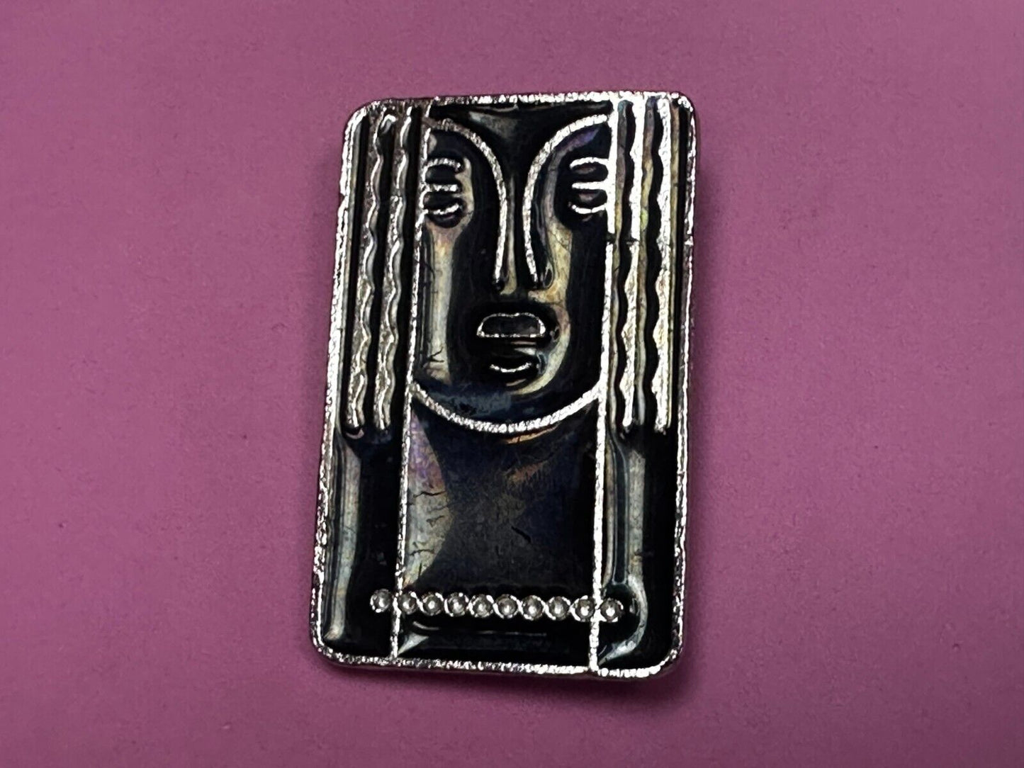 Art Deco Revival Brooch Pendant Pin Signed Ritz - Black Enamel Pewter Face
