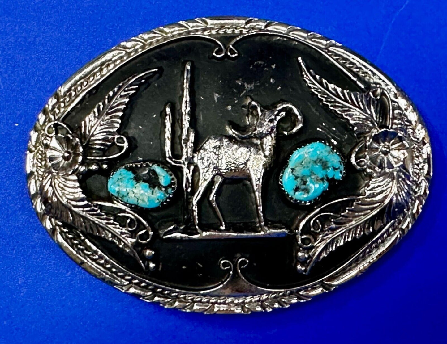 Bighorn Sheep Ram Mountain Goat Turquoise Stone Flower Leaf Western Belt Buckle