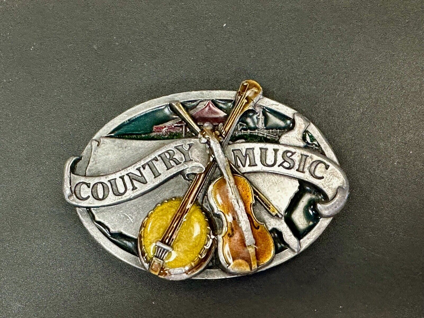 Vintage Enameled Country Music Guitar Fiddle - Bergamot Brass works Belt Buckle