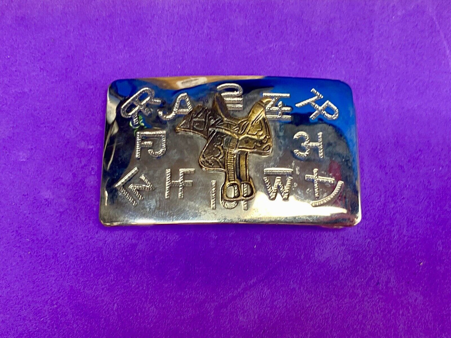 Vintage Chambers western Saddle Belt Buckle with cattle branding symbols