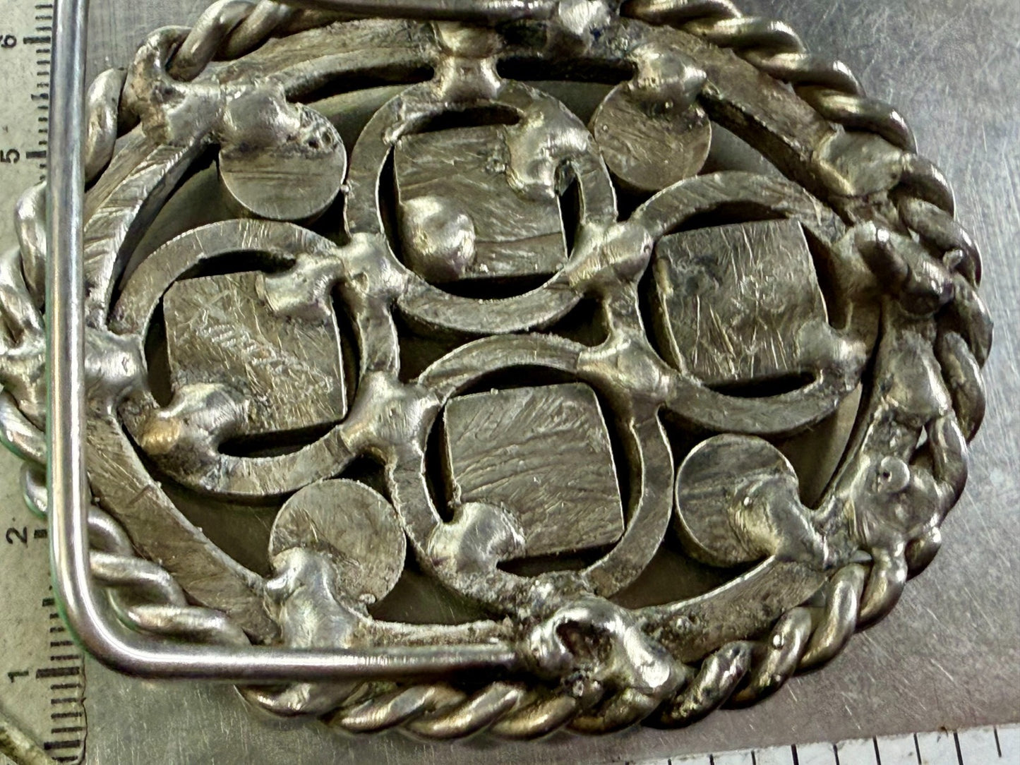 Artisan Welder Art Abstract Open Work Circle Square Pattern Vintage Belt Buckle