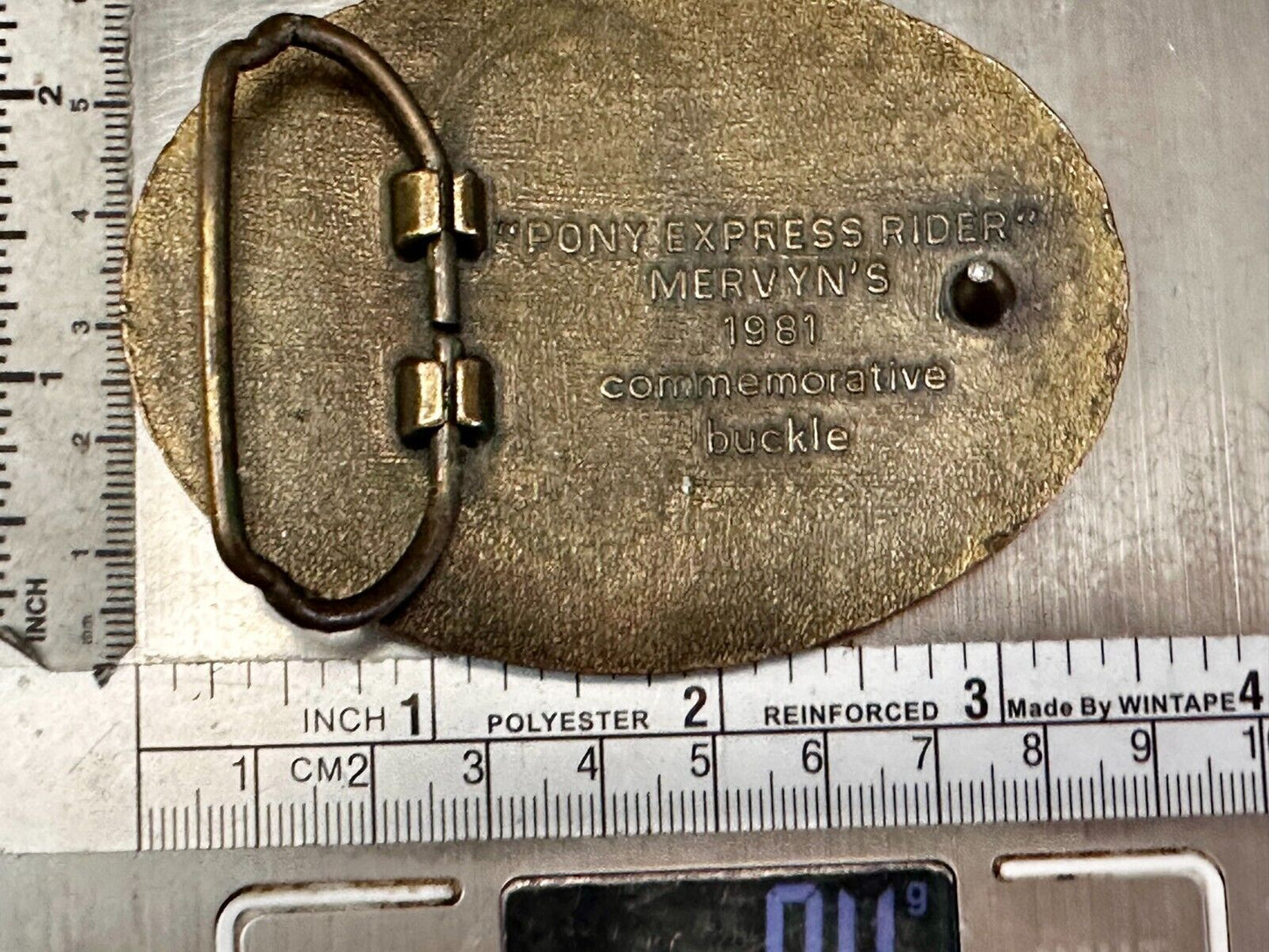 Vintage 1981 Pony Express Rider Mervyn's Commemorative Brass Tone Belt Buckle