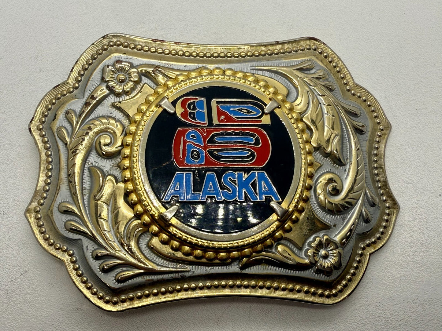 ALASKA Alaskan State Centerpiece on Gold Color Western Style Belt Buckle