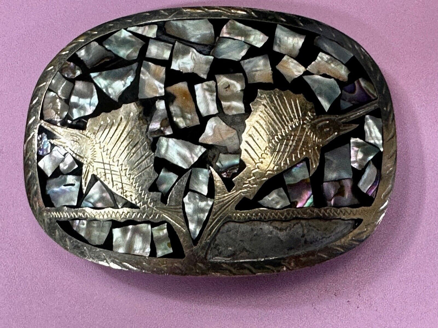 Swordfish with Abalone Shell Inlaid Western Belt Buckle - missing shell to repar