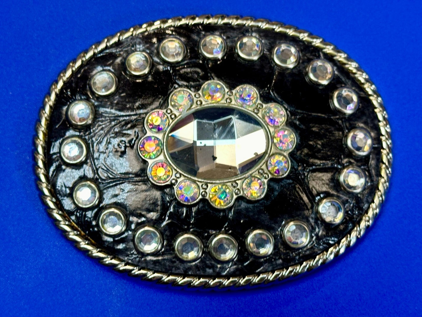 Beautiful Clear Rhinestone Bling Leather on Metal Vintage Belt Buckle