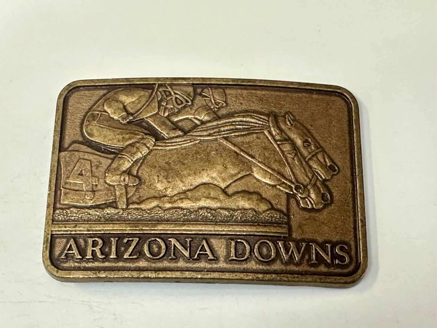 Vintage Arizona Downs Jockeys on Horses Racetrack vtg. Brass Tone Belt Buckle