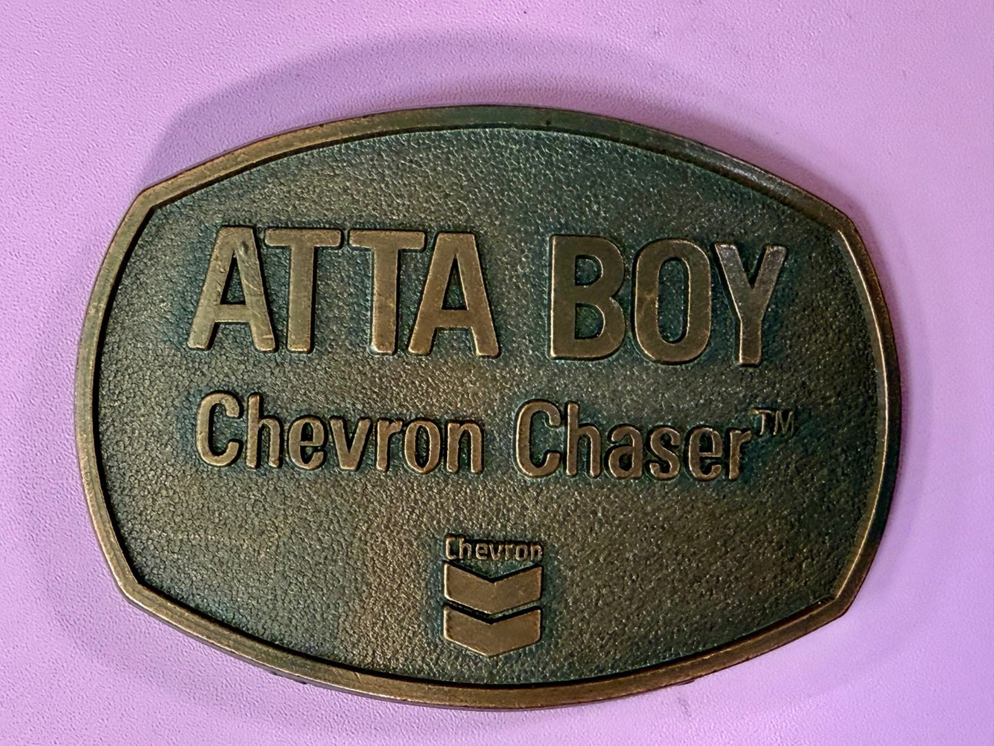 ATTA BOY Chevron Chaser Fuel Oil Mine Industry Rough Neck NOS Vtg. Belt Buckle
