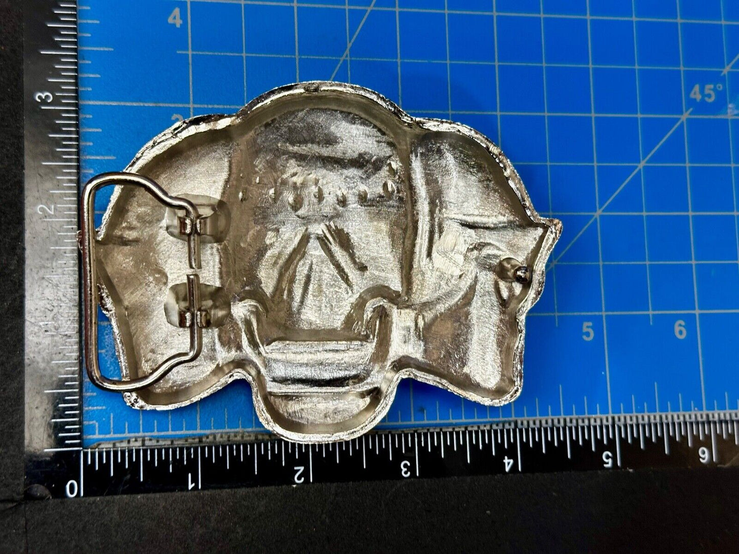 Three Skull's Heads Rhinestone Accented W/ Blue Shades Silver Tone Belt Buckle