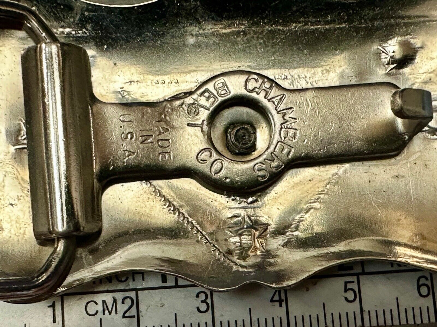 Vintage Chambers Horse head on reflective engraved USA made western Belt Buckle