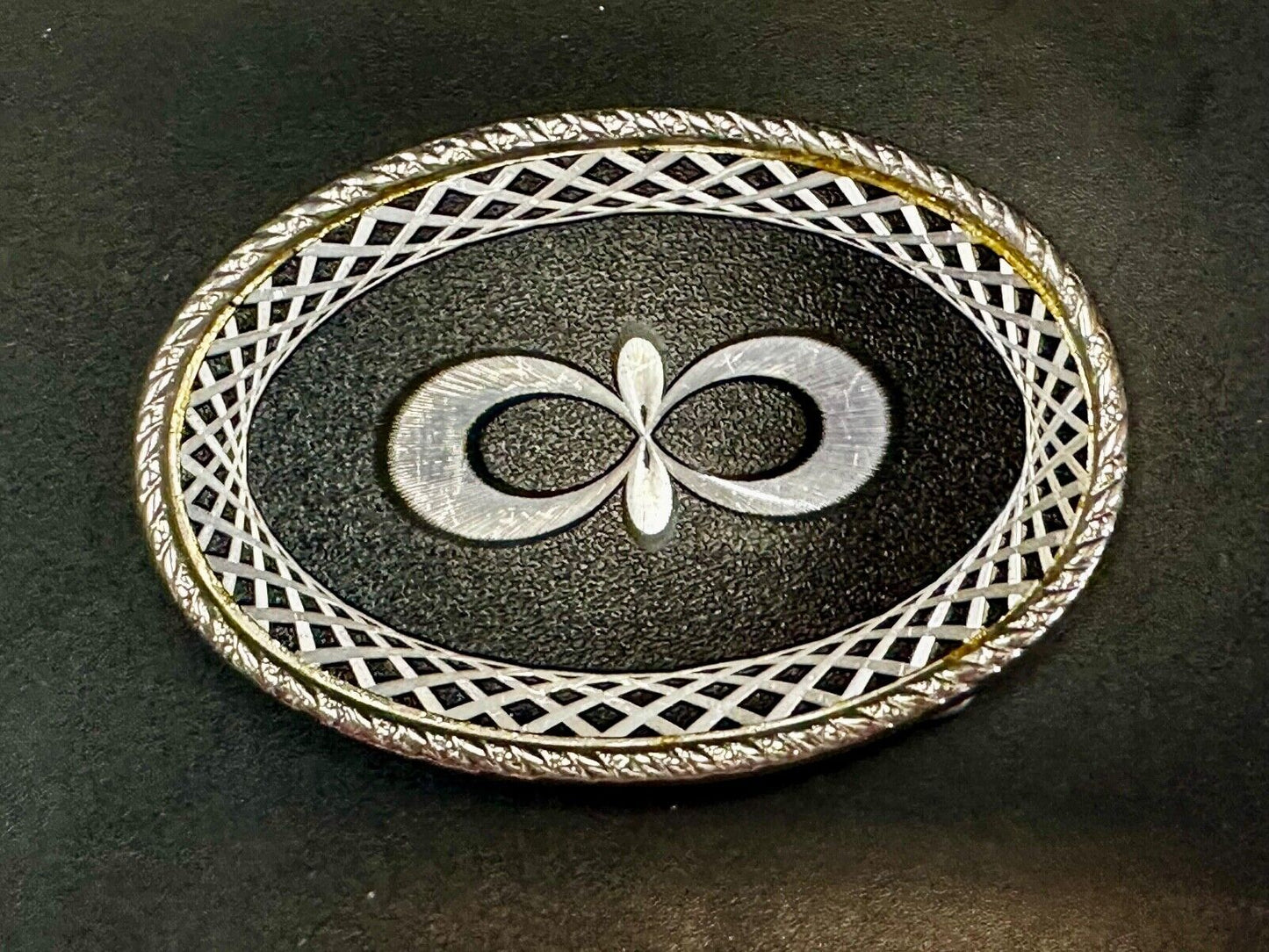 Vintage etched Figure 8 pattern on two tone Black & Silver Belt Buckle