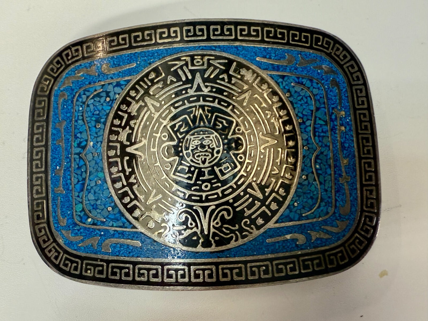Aztec Mayan Calendar Turquoise Chip Inlay Tribal Art Belt Buckle Mexico Made