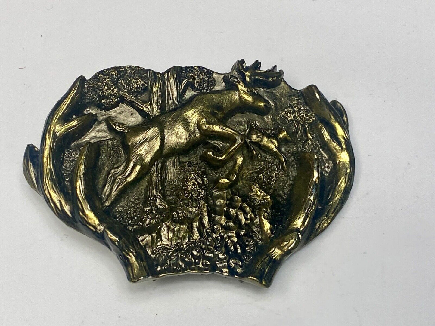 3D Buck Deer & Doe in woods - Vintage Belt Buckle 1982 Great American Buckle Co.