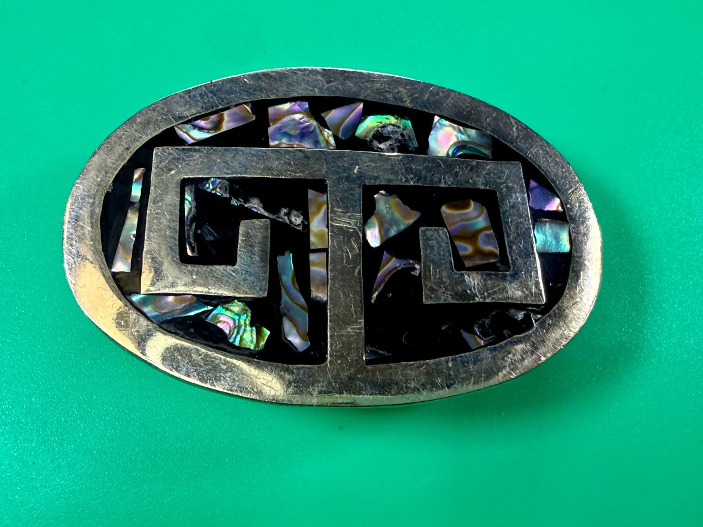 Vintage Alpaca Mexico Silver Tone Abalone Shell Pattern Oval Belt Buckle