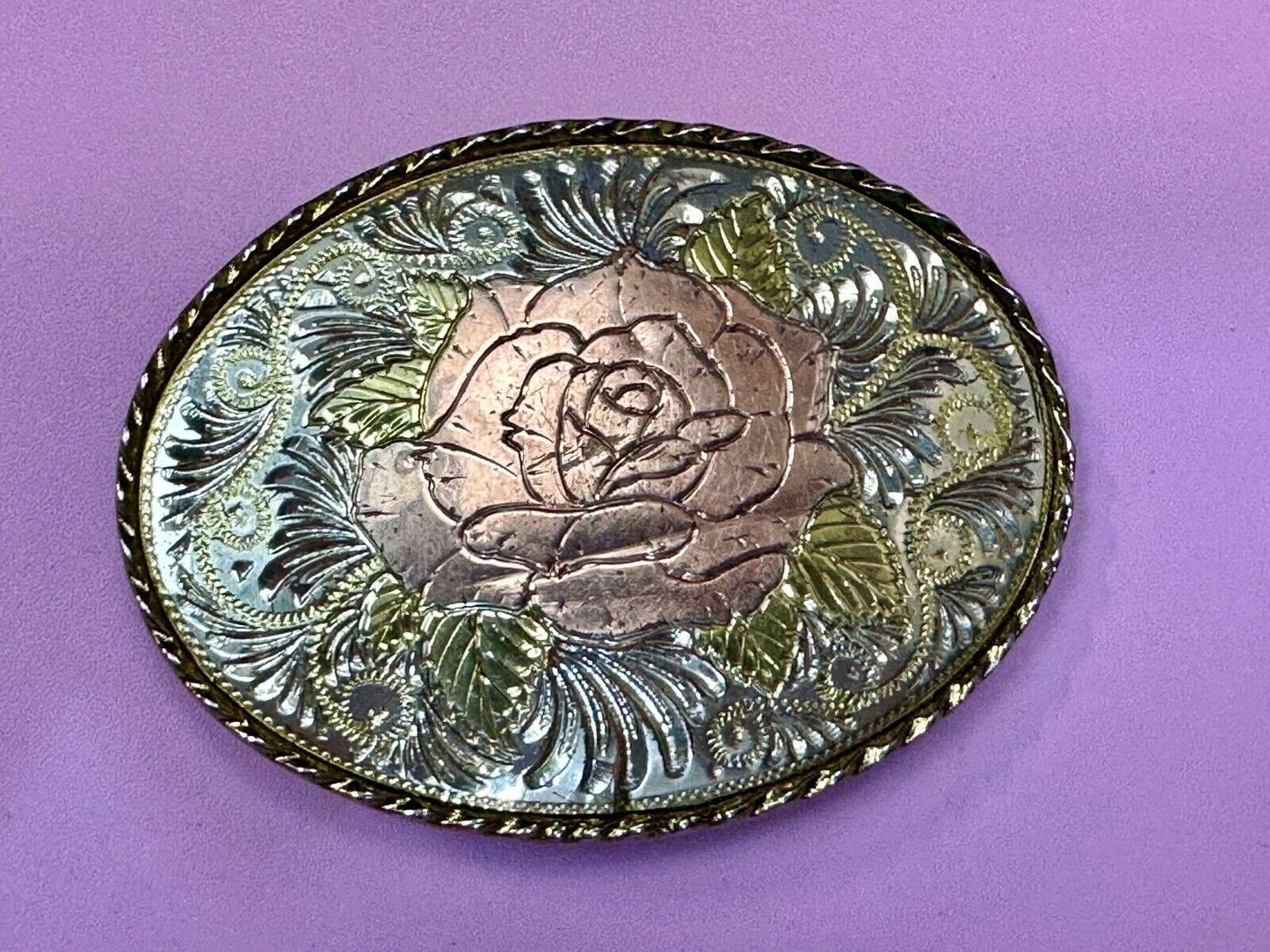 Beautiful Rose - Vintage mixed metal Western flower swirl theme Belt Buckle - W