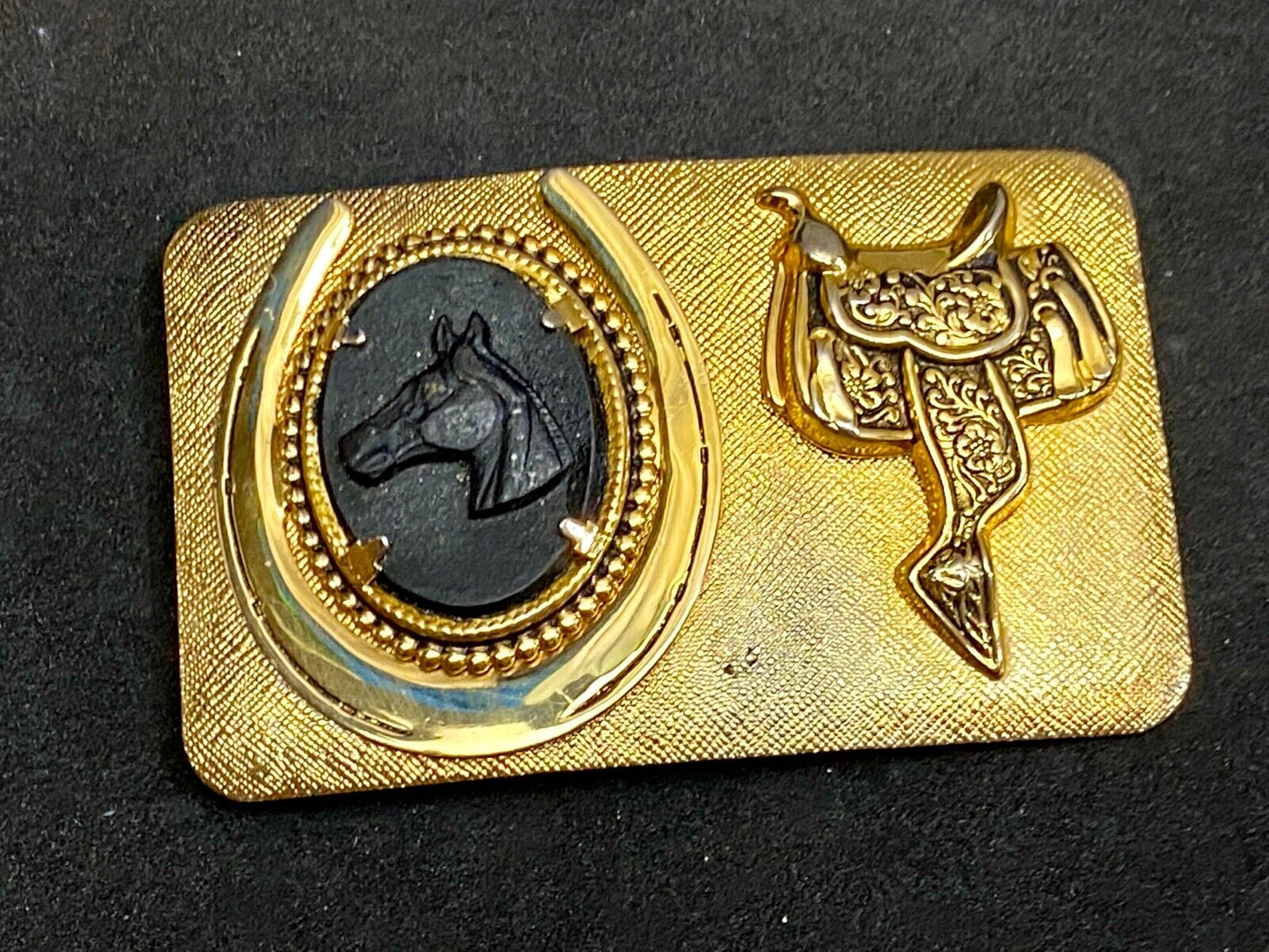 Black Horse Head And Saddle As Centerpiece In Western Gold Tone Belt Buckle