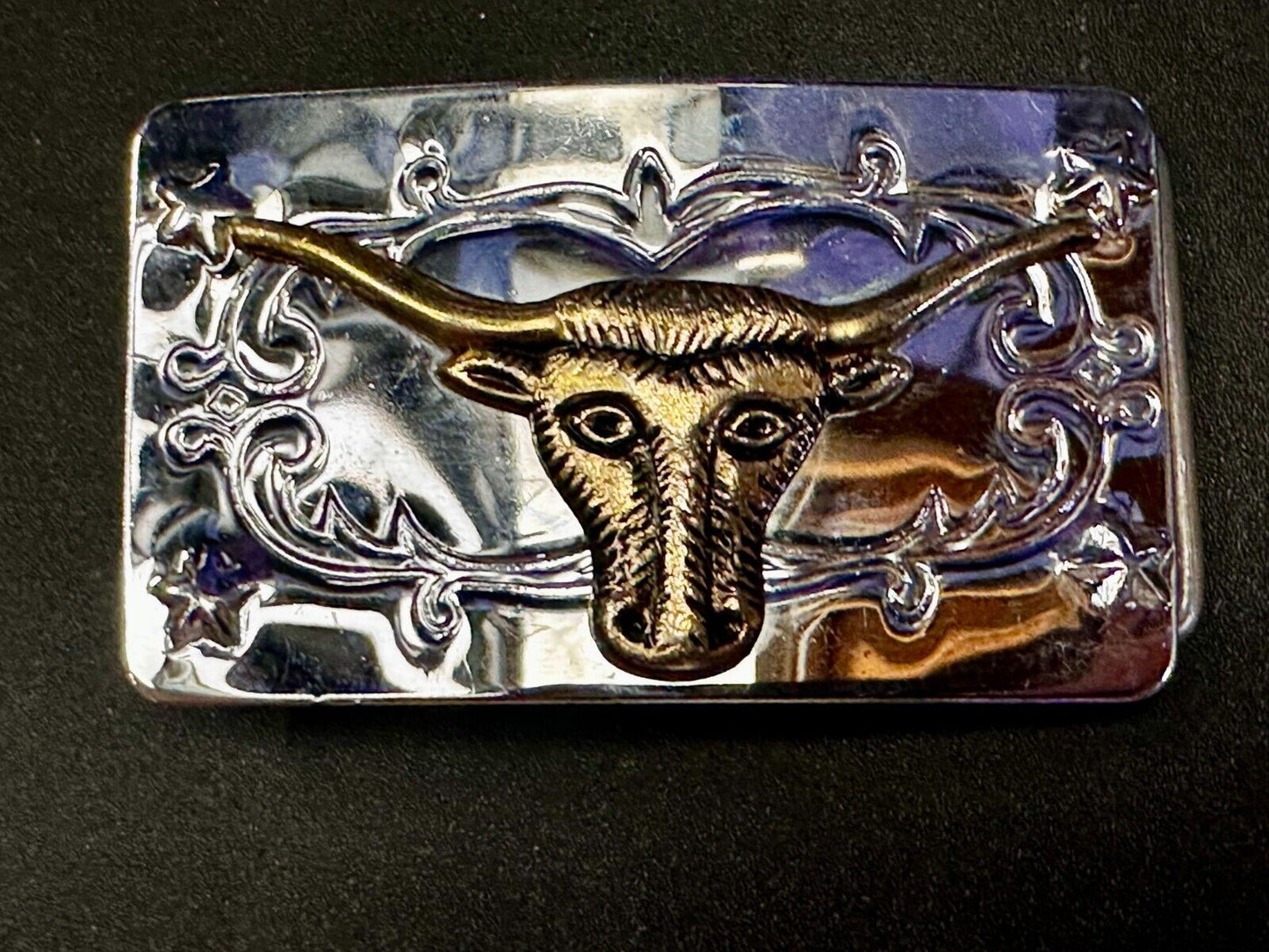 Texas Longhorn Steer Bull Rodeo Two Tone Ornate Western Small Vtg. Belt Buckle