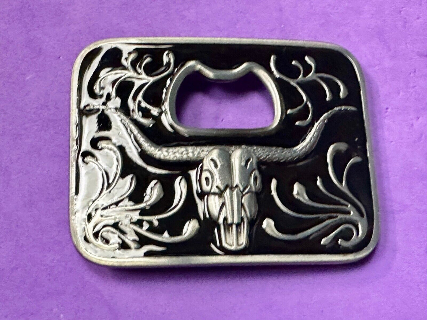 Texas longhorn - black and silver color belt buckle bottle opener