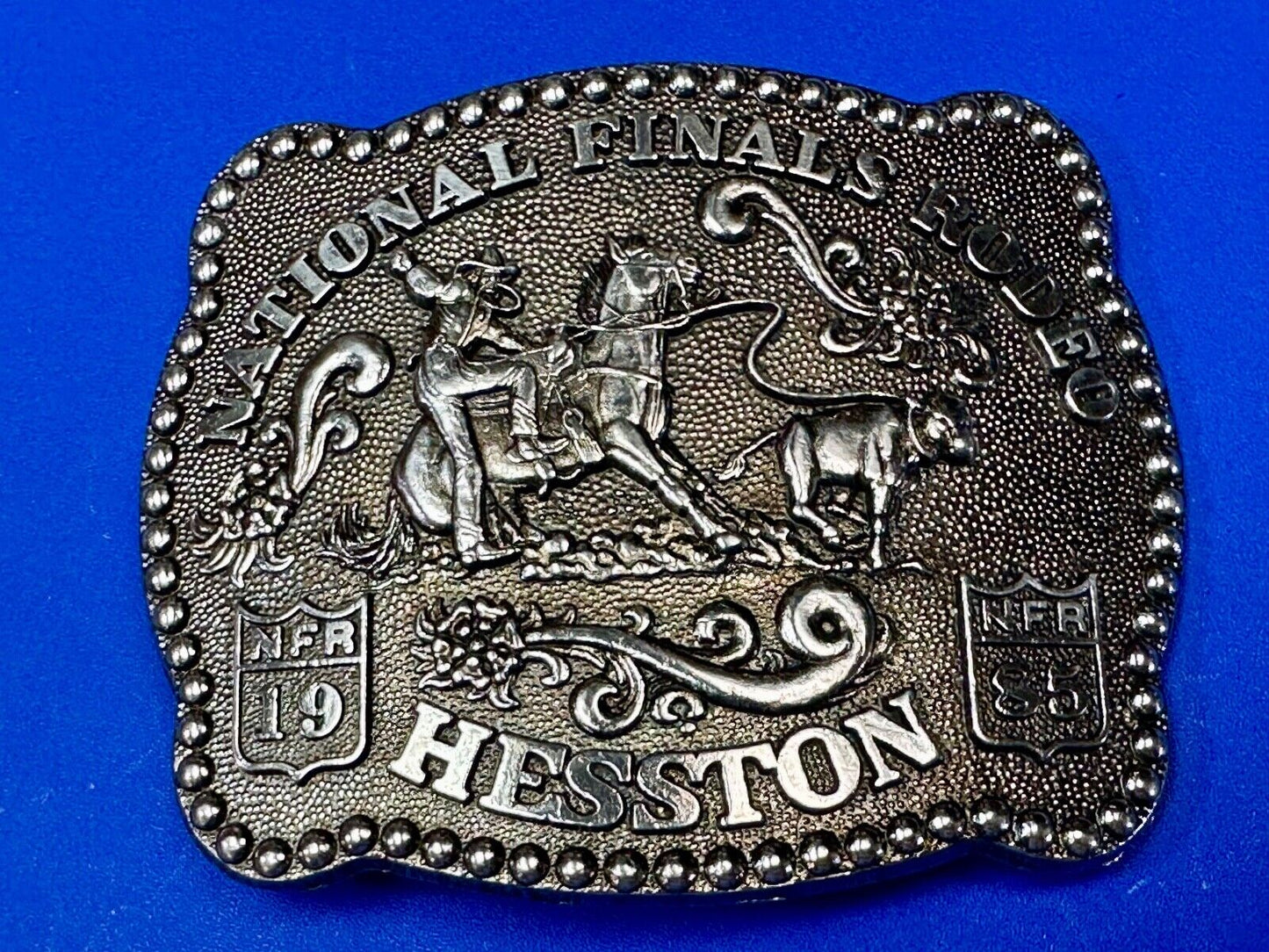 1985 NFR Rodeo Vintage Hesston Belt Buckle Steer Wrestling Cowboy