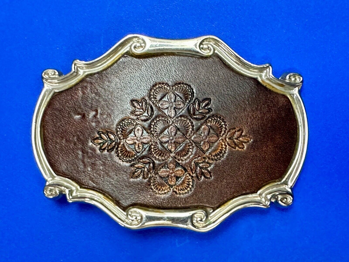Vintage Brown leather flower pattern belt buckle made in Spain