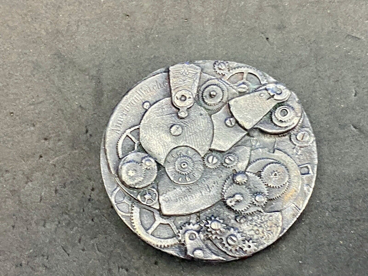 Vintage ART piece Clock gears round belt buckle - AWSOME detail! USA seal back