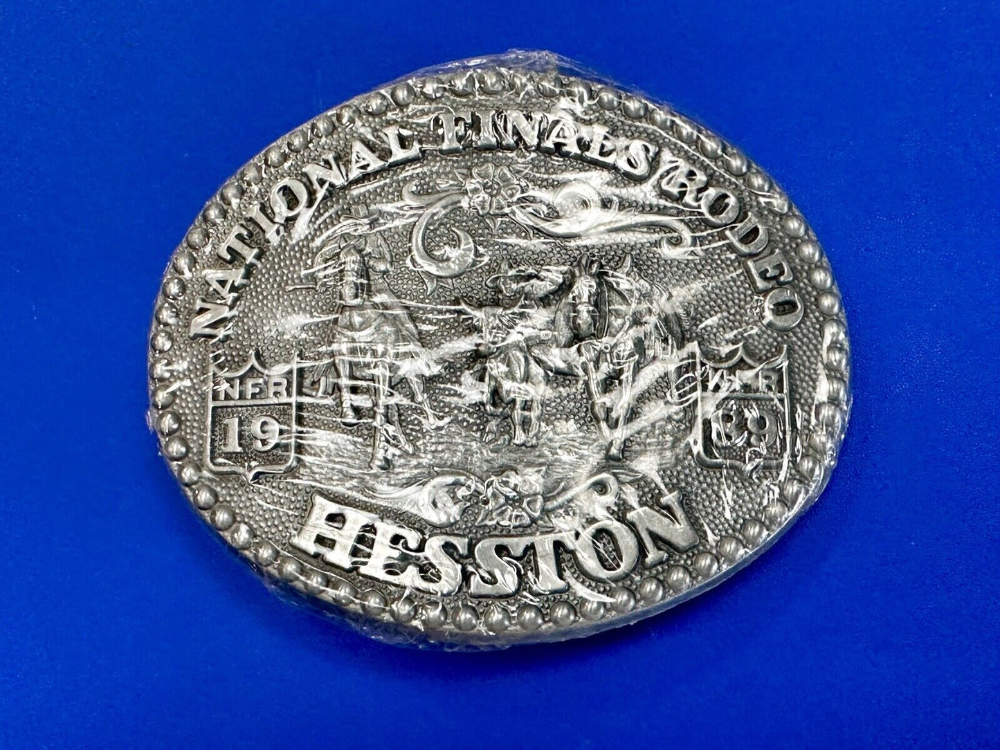 1989 Adult Size Hesston National Finals Rodeo Bull Riding Cowboys belt buckle