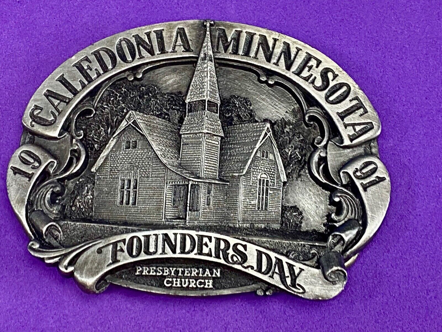 Vintage 1991 - Founder’s Days Caledonia MN belt buckle - presbyterian church