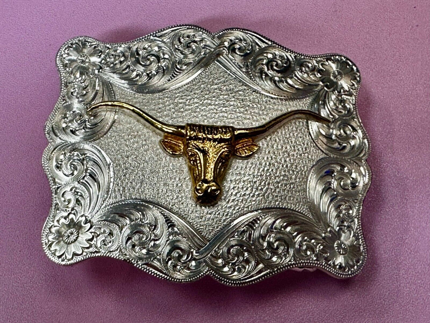 Texas Longhorn Steer Rodeo Bull Two Tone Belt Buckle by Montana Silversmiths